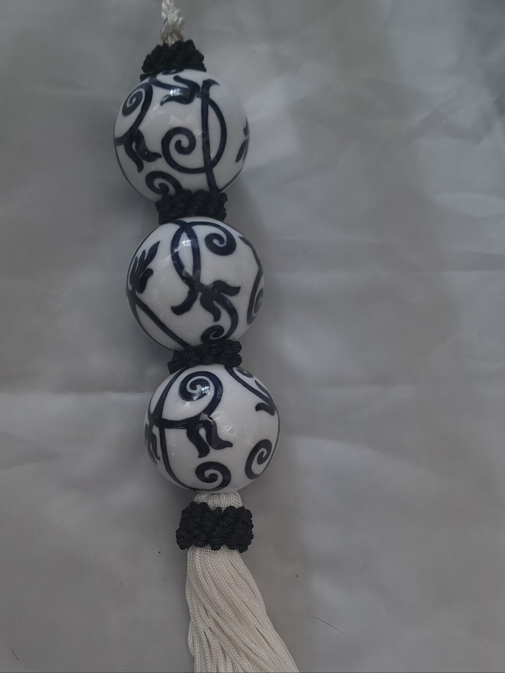 Japanese Hanging  Scroll Weights Blue & White With  long White Tassel. 12"
